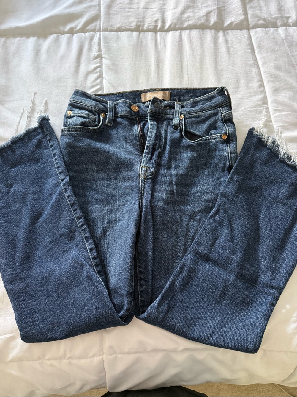 7 For All Mankind Dark Blue Slim Kick Bootcut Jeans with Frayed Hem